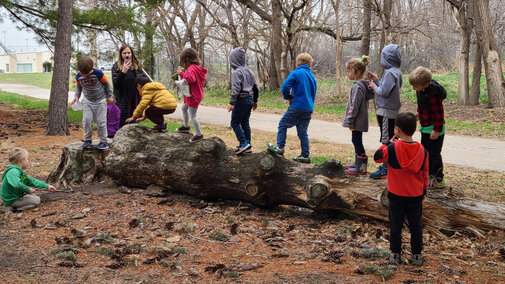 Children playing on a log