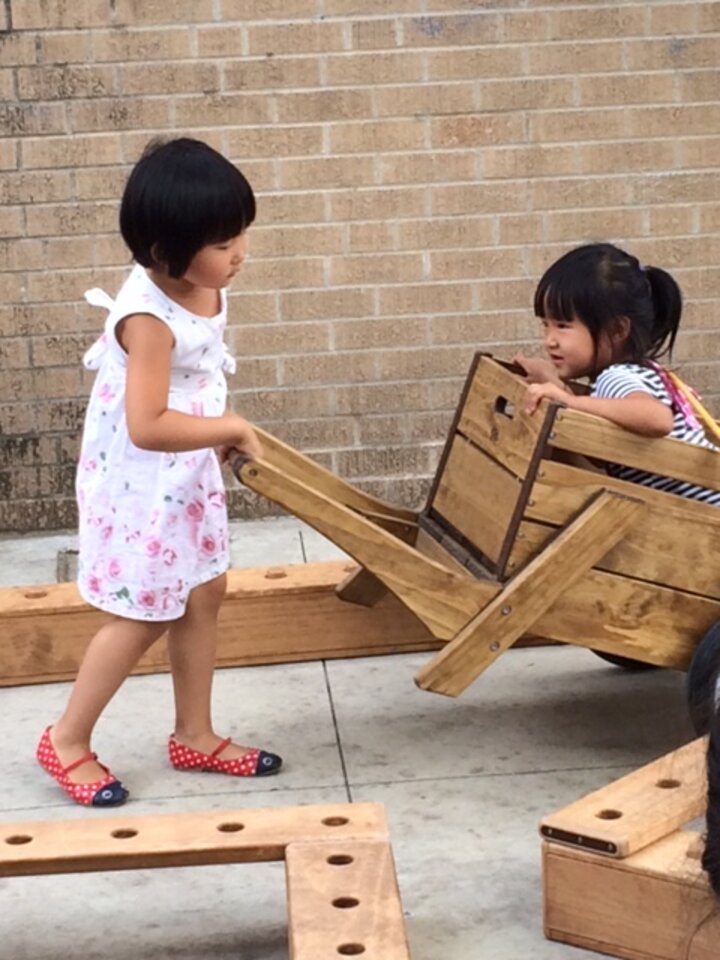 Children playing with a wheel barrow